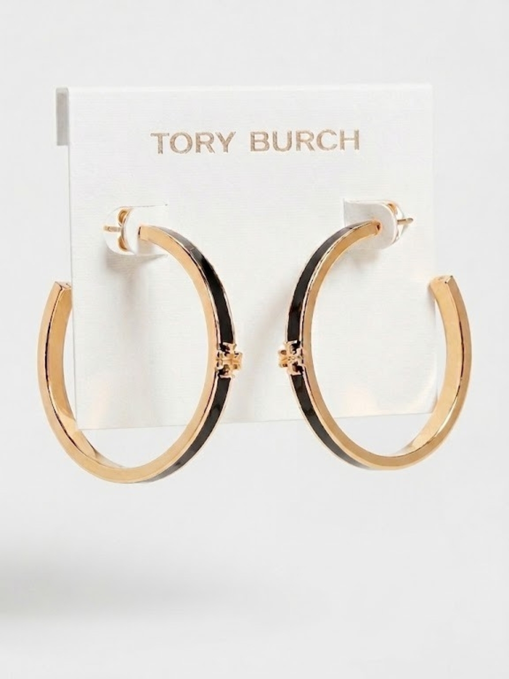 $150 Tory Burch Icon Enamel Hoop Earrings in Gold Tone and Black, New